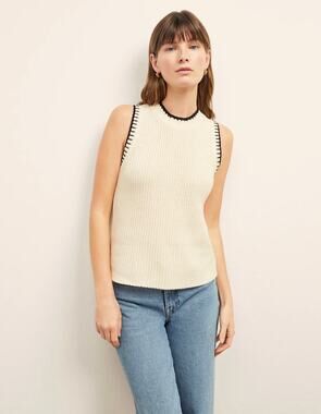 M.M. Lafleur Womens L Cream Black Cashmere Giada Knit Pullover Tank Sweater NWT